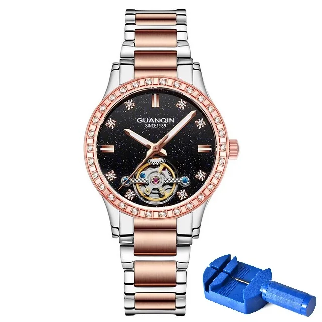 Rose Gold Black Tool GUANQIN часы женские automatic Tourbillon светящиеся часы Скелет платье водонепроницаемые женские часы Лидирующий бренд Роскошные наручные часы - Цвет: Rose Gold Black Tool