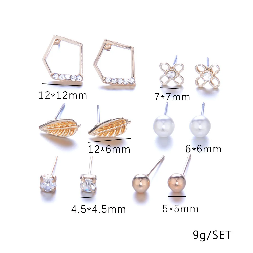 Серьги с кристаллами в виде листьев золотого цвета 6 пар/компл. сплав цветок