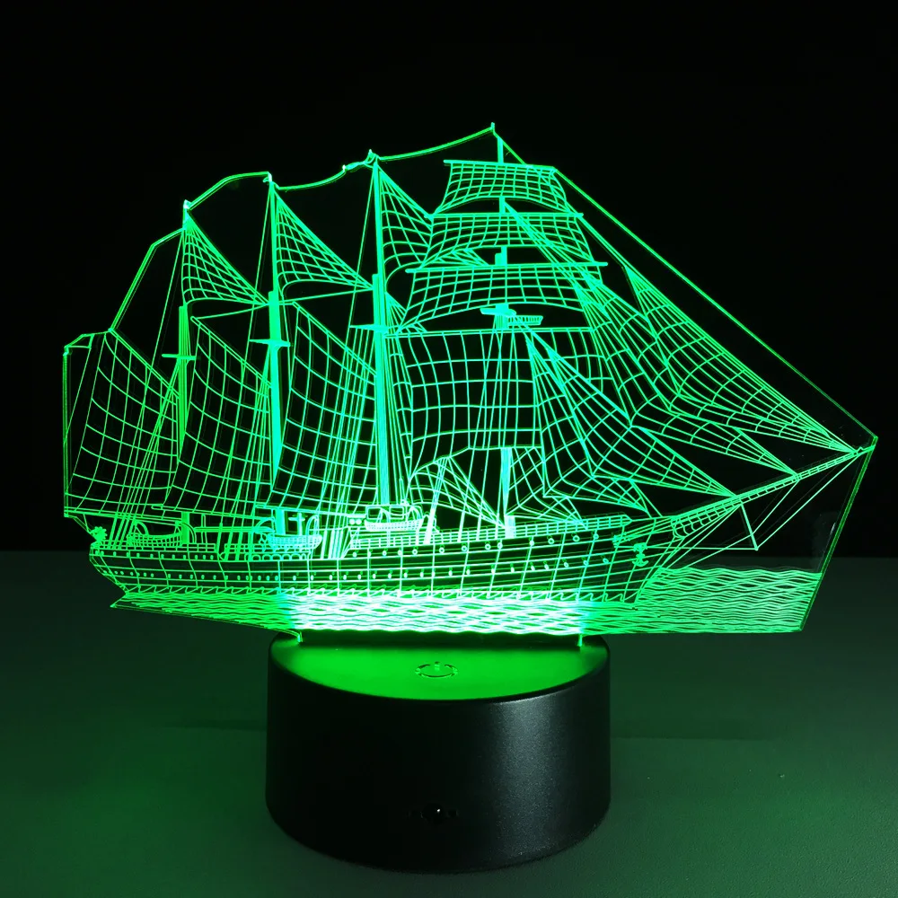 Sailboat 3D стерео видения лампа Акриловая 7 видов цветов Изменение USB спальня