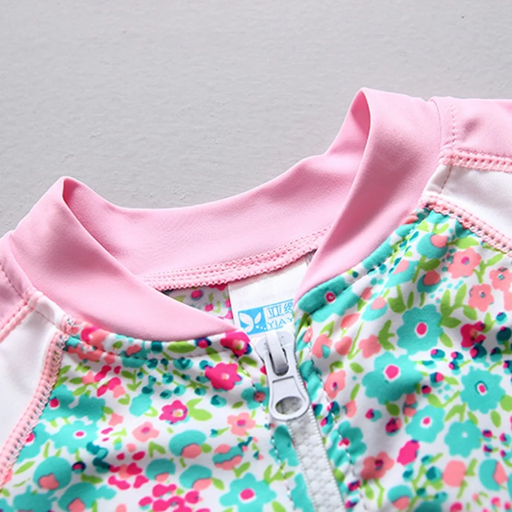 Girl Swimsuit Long Sleeve Children's Bathing Suit Floral Print Zipper Up Sun UV Protection Blouse Swimwear for Girls Rash Guard