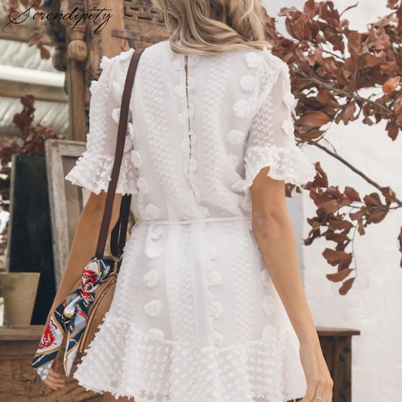 Elegant Fashion White Women Beach Dress Casual Ruffle Short Sweet Summer Mini Sash Dot Vestidos O neck Solid|Женские платья| |