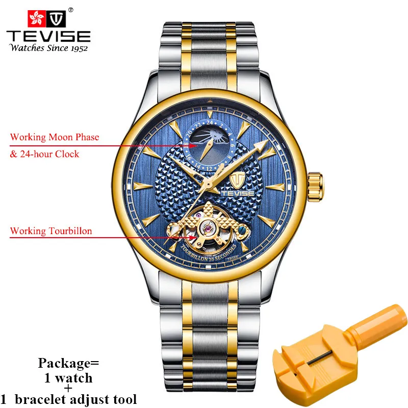 Tevise Топ бренд Moon Phase автоматические механические часы для мужчин s Tourbillon Скелет часы для мужчин нержавеющая сталь 24 часа часы T808B - Цвет: blue