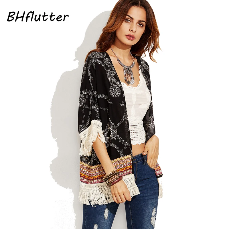 Женские блузки с бахромой и короткими рукавами BHflutter Летние черные винтажные