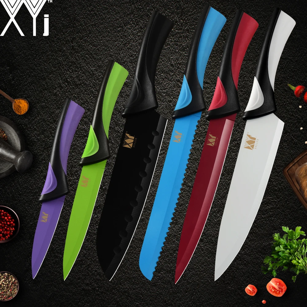 XYj 6 шт. набор ножей из нержавеющей стали 8 ''7'' 5 ''3,5'' красочные острые тонкие лезвия удобная ручка ножи для приготовления пищи Кухонные гаджеты