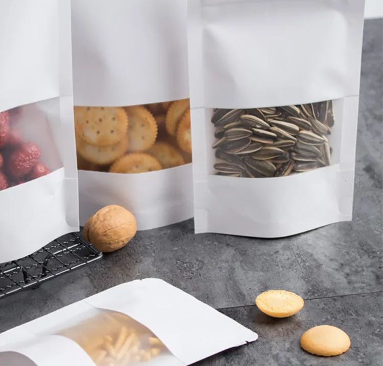 100 шт./лот, белая бумага, матовое окно, Ziplock, сумка, дойпак, Подарочная, для пекарни, печенья, Упаковочная Сумка, пластиковая PE инкрустация, Самоуплотняющиеся сумки