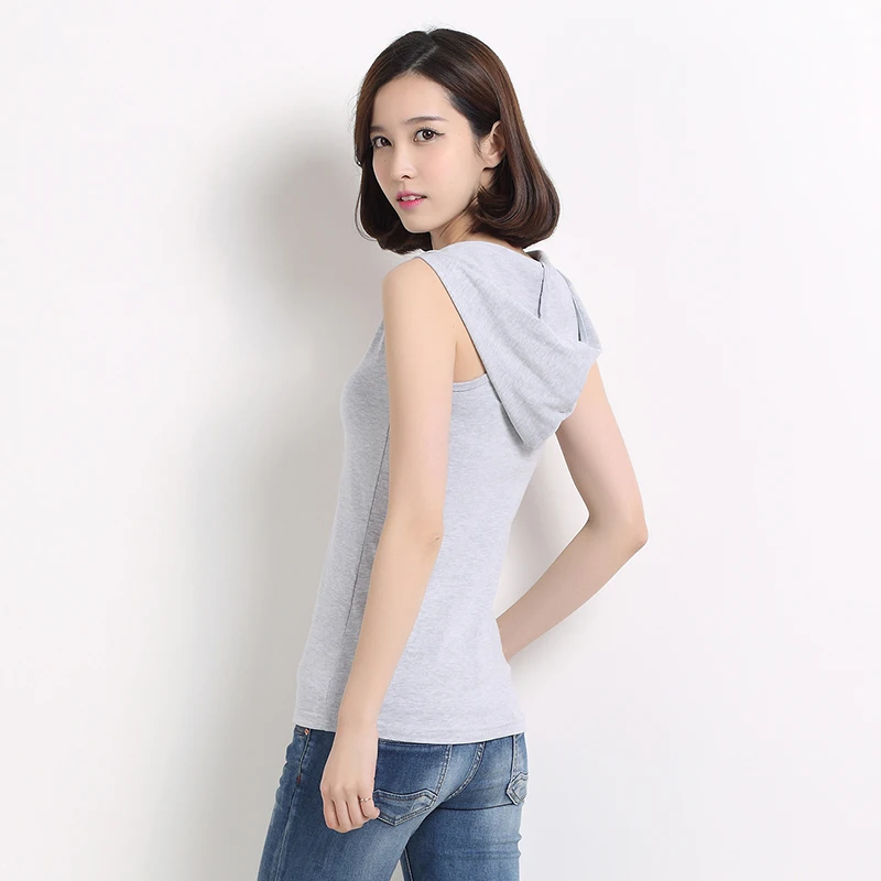

2020 Spring and summer women solid color cotton hooded shirt with cap Horn vest long sleeveless T-shirt