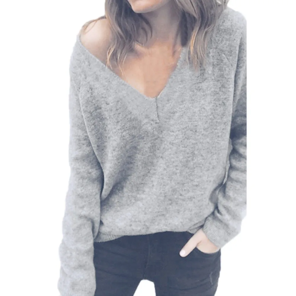 CHAMSGEND Winter Women Sweaters Fashion V-Neck Blouse Solid Long Sleeve Loose Knitted Sweater Casual Cotton No21 | Женская одежда