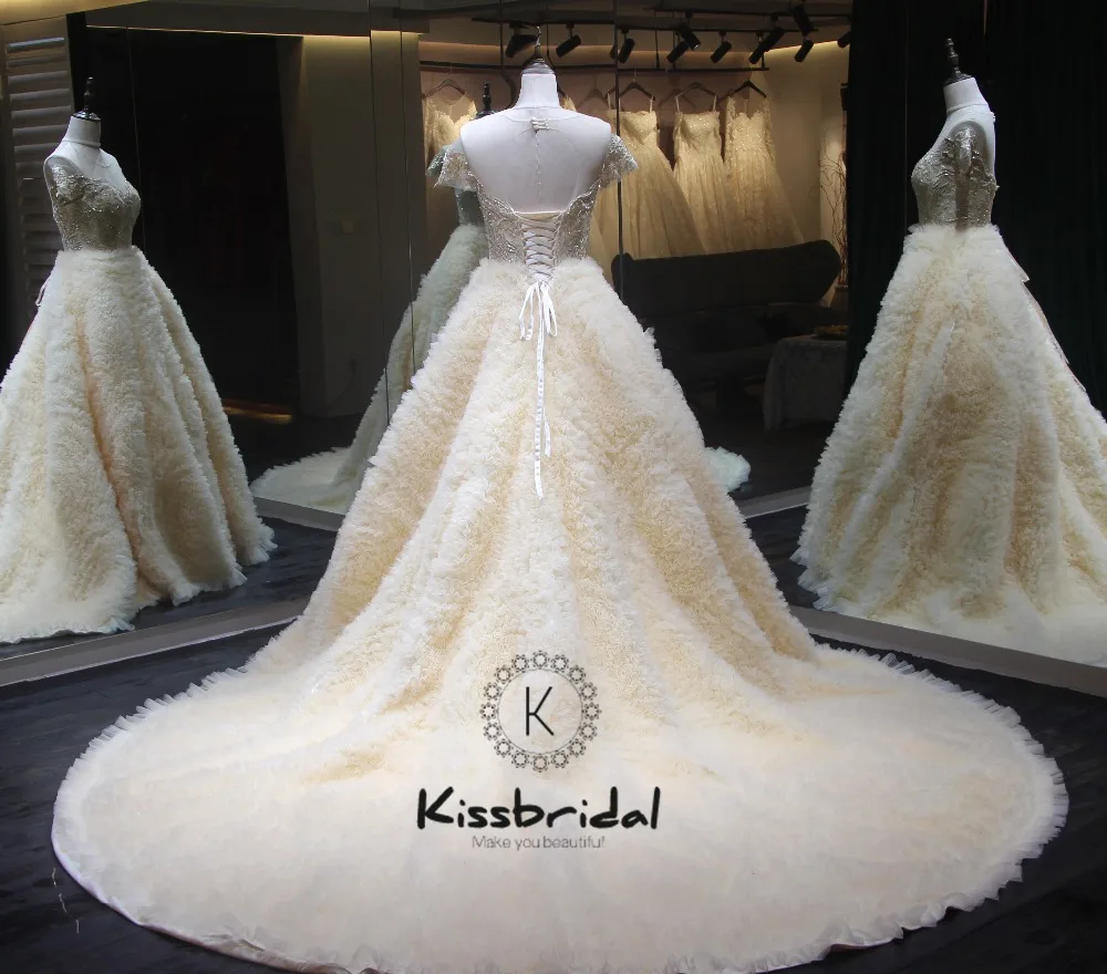 Robe de mariee Champagne Wedding Dress 2018 O-Neck Short Sleeves Chapel Train Beads Tulle Wedding Gowns Lace Up back Vestidos