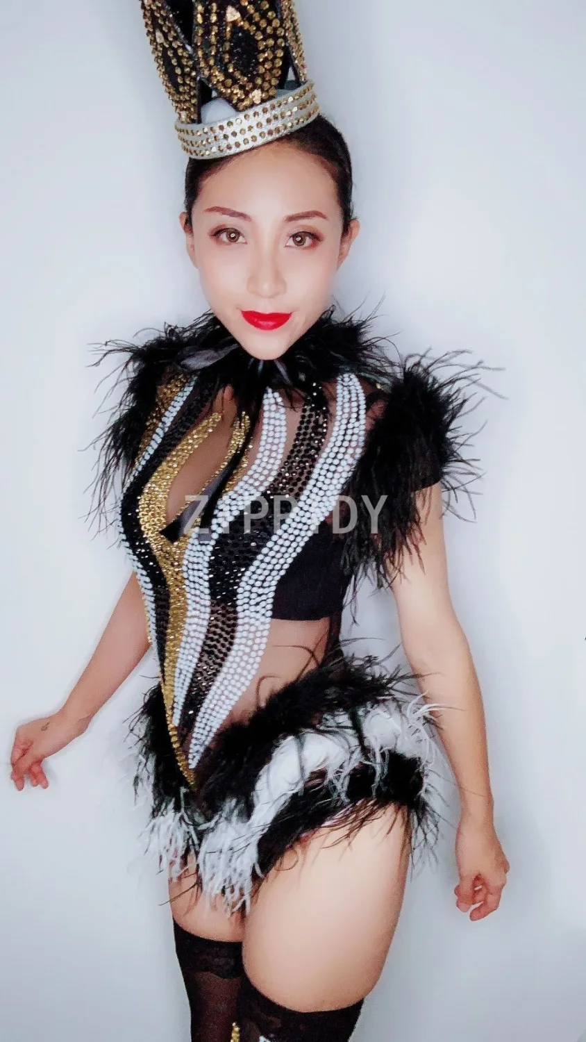 Fashion 2019 Sparkly Rhinestones Black White Feather Mesh Bodysuit Leggings Nightclub Women Dance Performance Outfit  Wear
