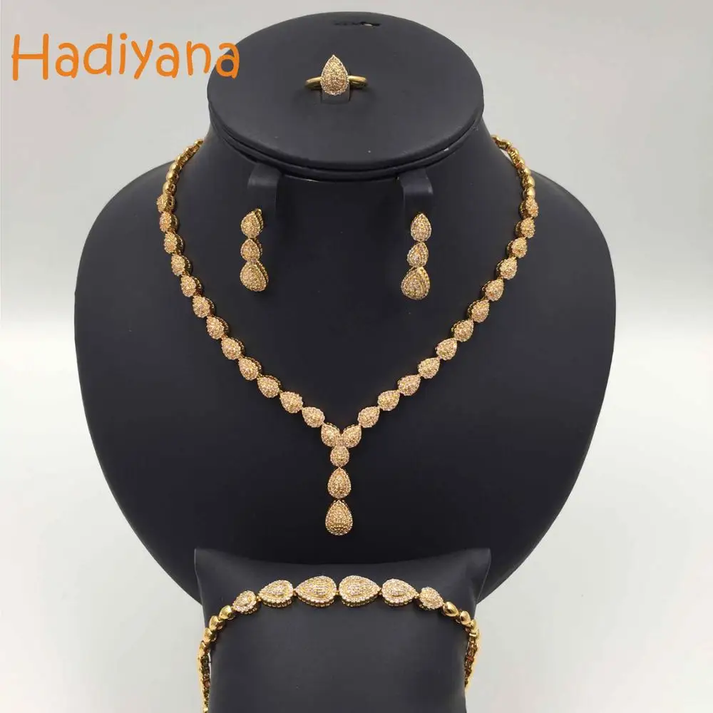 Yellow gold Hadiyana, новинка, Искрящиеся капли воды, наборы ювелирных изделий с кристаллами, высокое качество, кубический циркон, 4 шт., свадебный камень, женский ювелирный набор CN150 - Окраска металла: Yellow gold