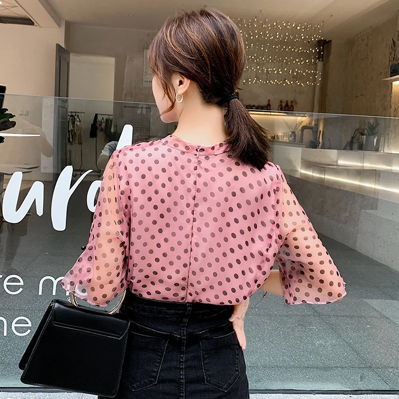 Летняя Новинка женские шифоновые блузки рубашка женский топ в горошек шифон