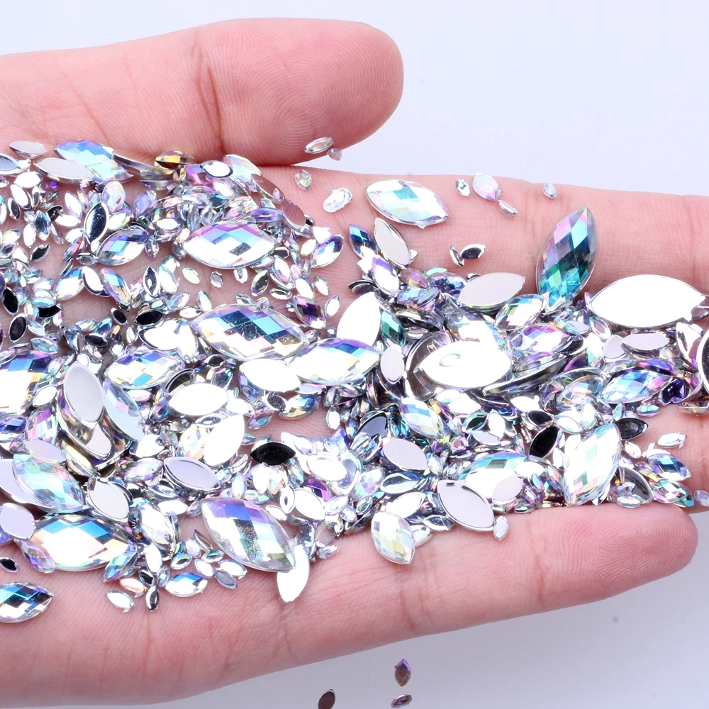 

7G 600PCS 7 Sizes Acrylic Rhinestones Eye Shape Crystal AB Flat Back Nail Rhinestone 3D Non HotFix Nail Art Decoration DIY Tool