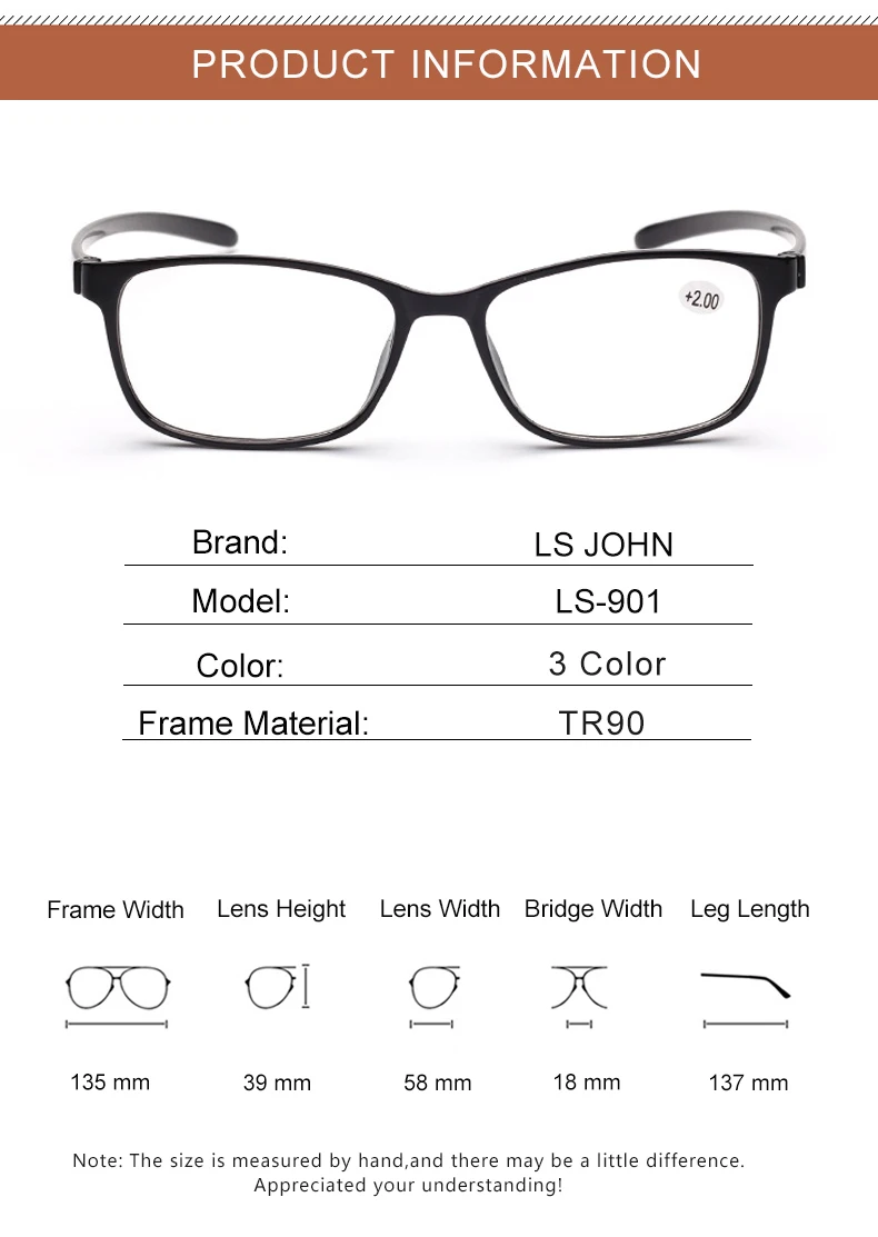 LS JOHN Retro Full Frame Reading Glasses Women&Men TR90 Ultralight Clear Lens Presbyopic Eyewear Magnifier+1.0to4.0 for Reader