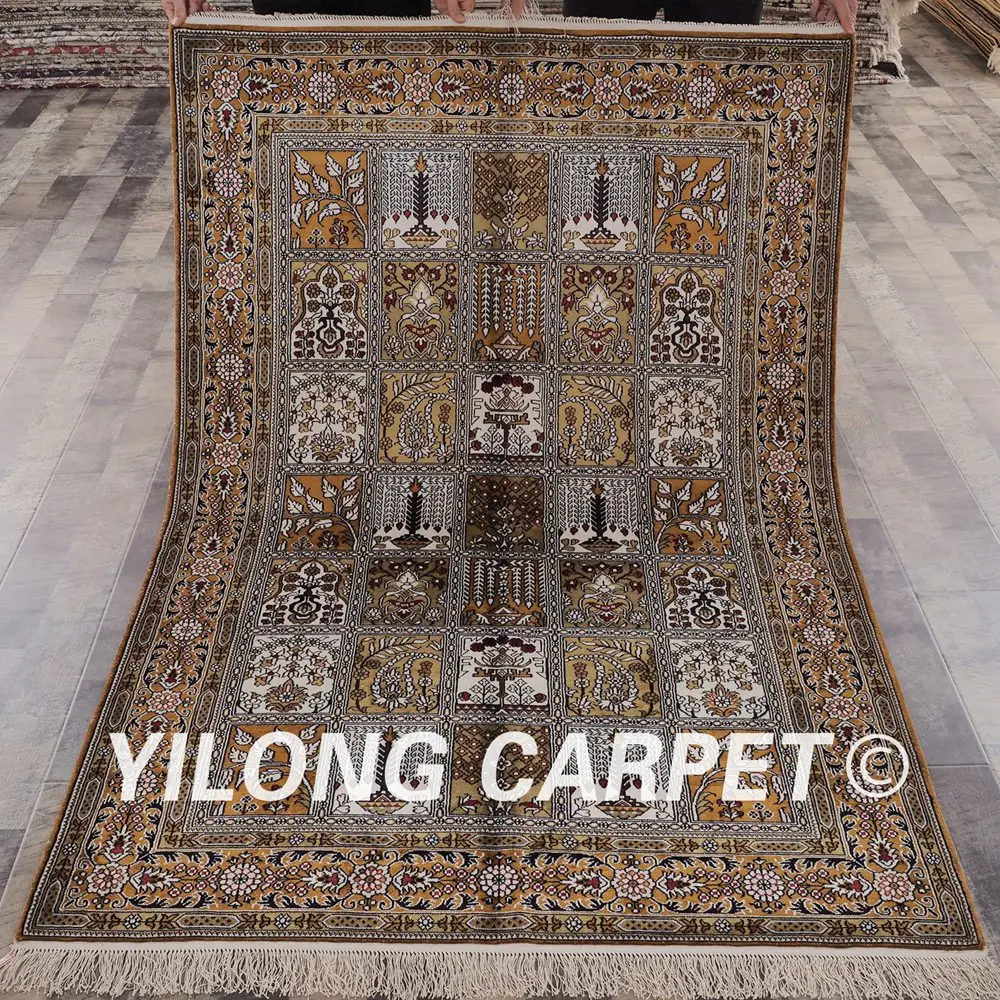 

YILONG 4'x6' Hereke silk carpet handmade brown four seasons vantage fine oriental rugs (YHW964B4x6)