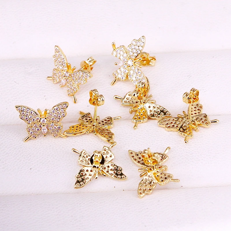 Женские блестящие серьги гвоздики с бабочкой 10 пар золотистые микрозакрепкой из