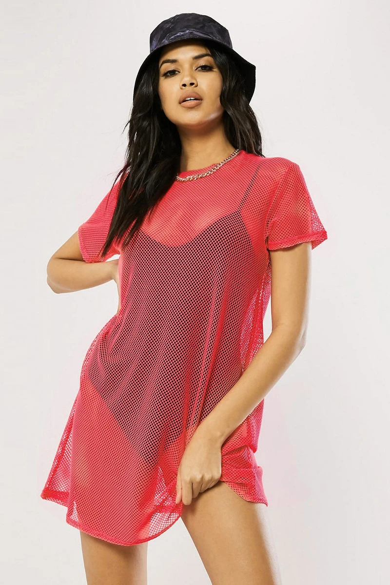 Женское пляжное стильное Сетчатое платье с круглым вырезом коротким рукавом