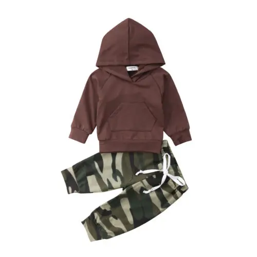 Fall Spring Kid Boy Clothes Baby Long Sleeve Hooded Pocket Tops+Camo Pants Cotton Nebworn Children Outfits Set |
