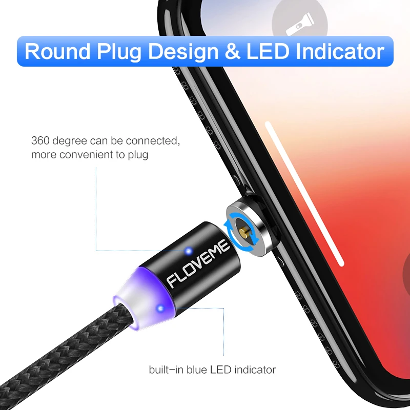 Магнитный зарядный кабель FLOVEME с подсветкой Micro USB Type C в нейлоновой оплетке для