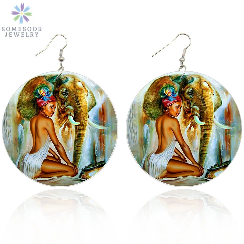 SOMESOOR двусторонняя печать Африканские Этнические деревянные висячие серьги афро