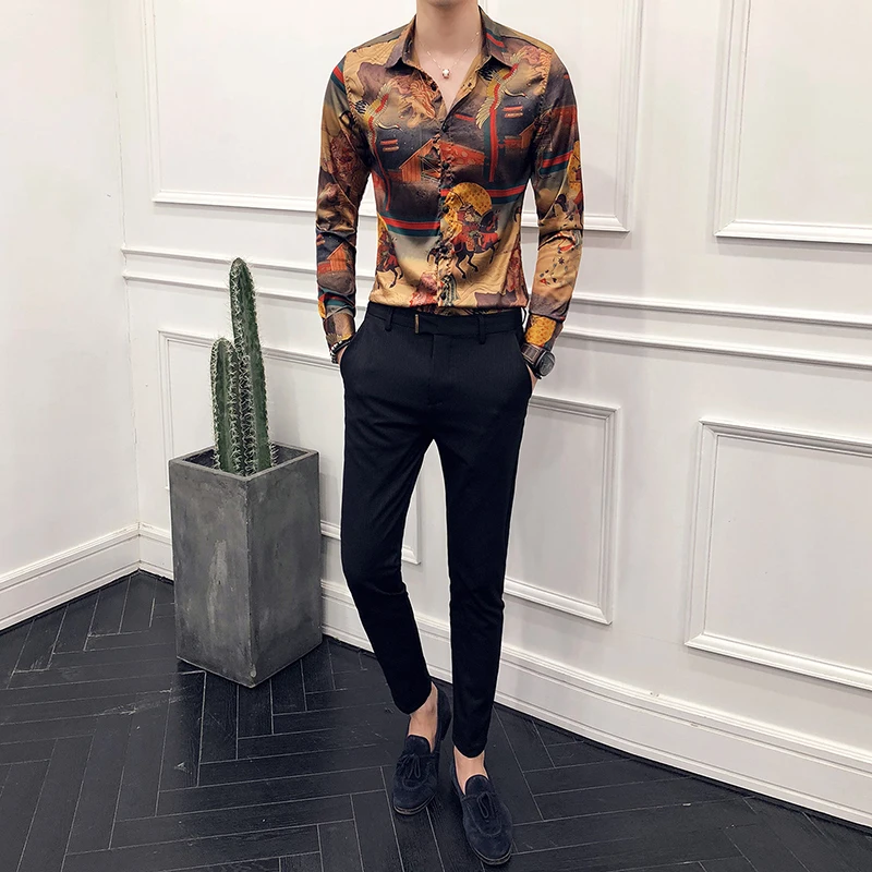 Рубашка мужская с длинным рукавом гавайская сорочка цветочным принтом