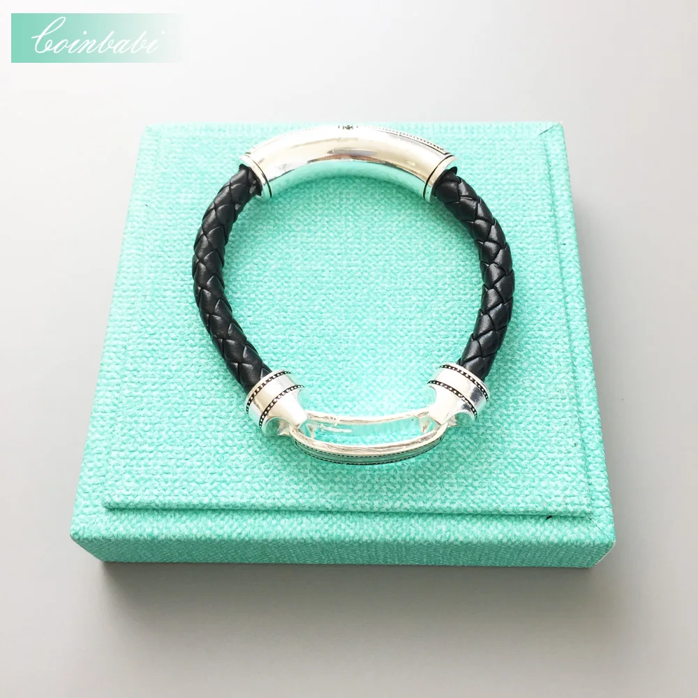 Кожаный браслет для мужчин с черным перекрестным креплением Sharp 925 стерлингового