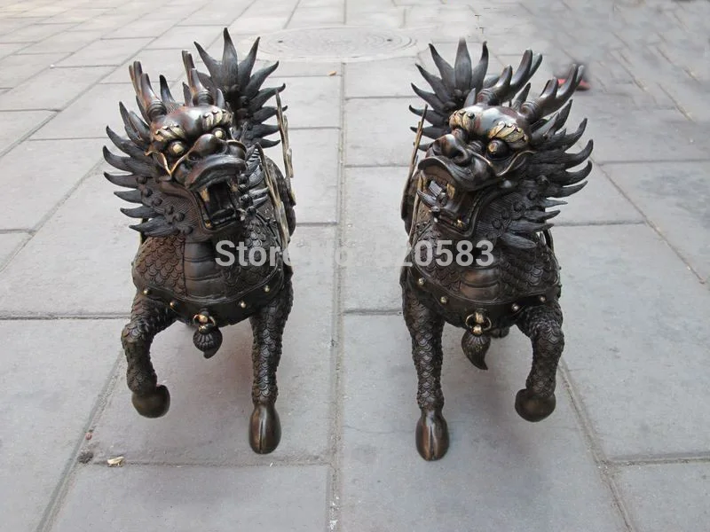 Китайские из Чистой Бронзы Foo Dog Dragon Lion Fire kylin Lucky statue Pair | Дом и сад