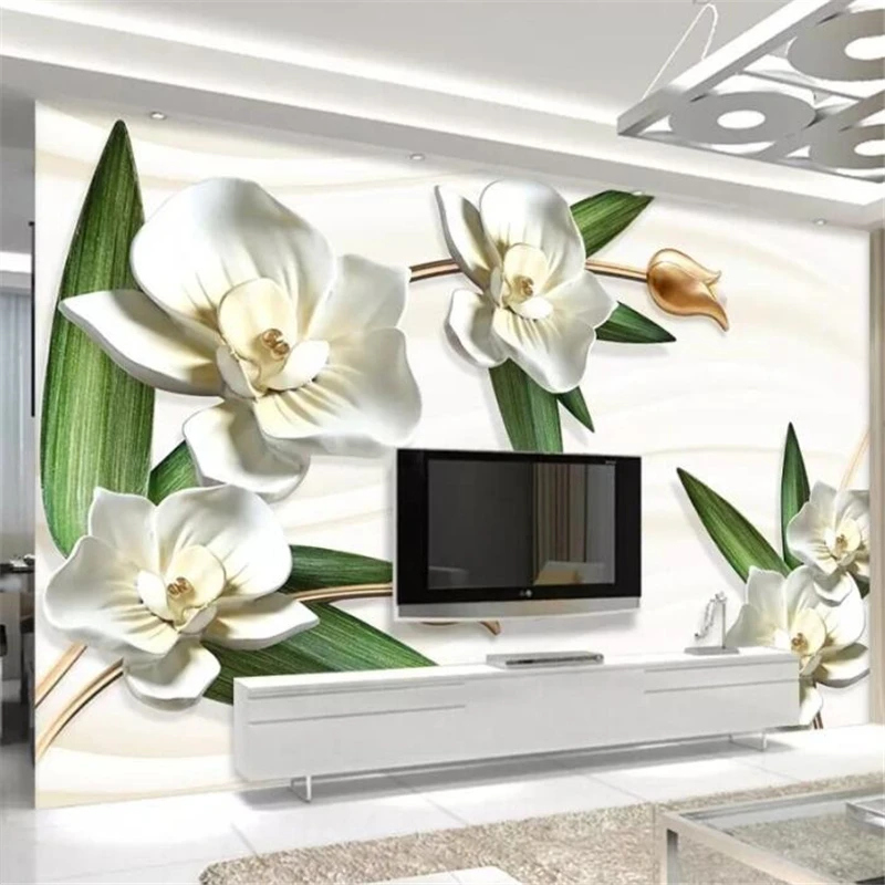 

beibehang Custom wallpaper living room bedroom mural 3D stereo luxury white moth orchid embossed TV decorative background