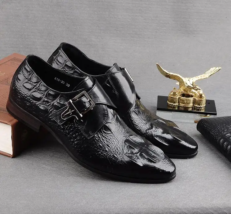 

Dress Shoes Men Slip On Buckle Strap Genuine Leather Alligator Pattern Pointed Toes Smart Casual Height Increasing Shoes