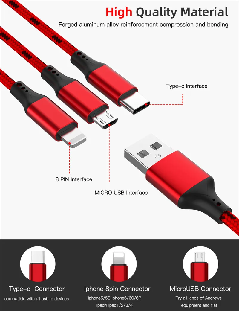 3 в 1 зарядный кабель для iPhone X Max XR 8 7 6 6s Plus 3A Micro usb type C для samsung S9 S8 huawei Xiaomi 3 в 1 Кабели для зарядки