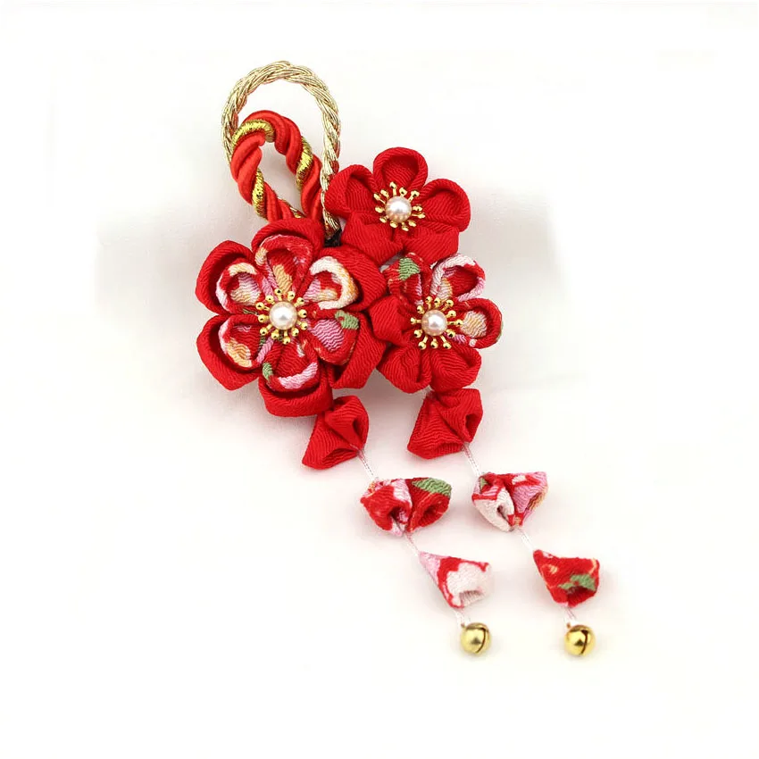 Red tassels Японский стиль tsuami Kanzashi Розовый Красный Цветок сакуры заколка для волос кимоно гейши ручной работы головной убор HW001 - Цвет: Red tassels