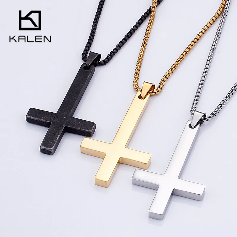 Ожерелье с крестом KALEN трехцветное для мужчин из нержавеющей стали золотого и черного цветов на длинной цепочке 72 см.