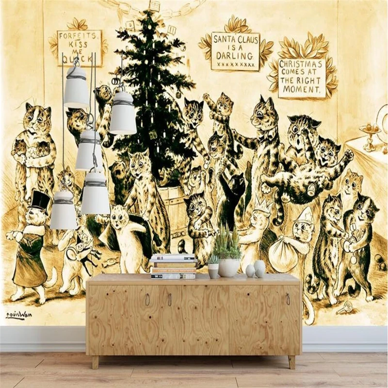 beibehang Custom 3d wallpapers hand painted retro cat yellow line mural background wall decoration | Обустройство дома