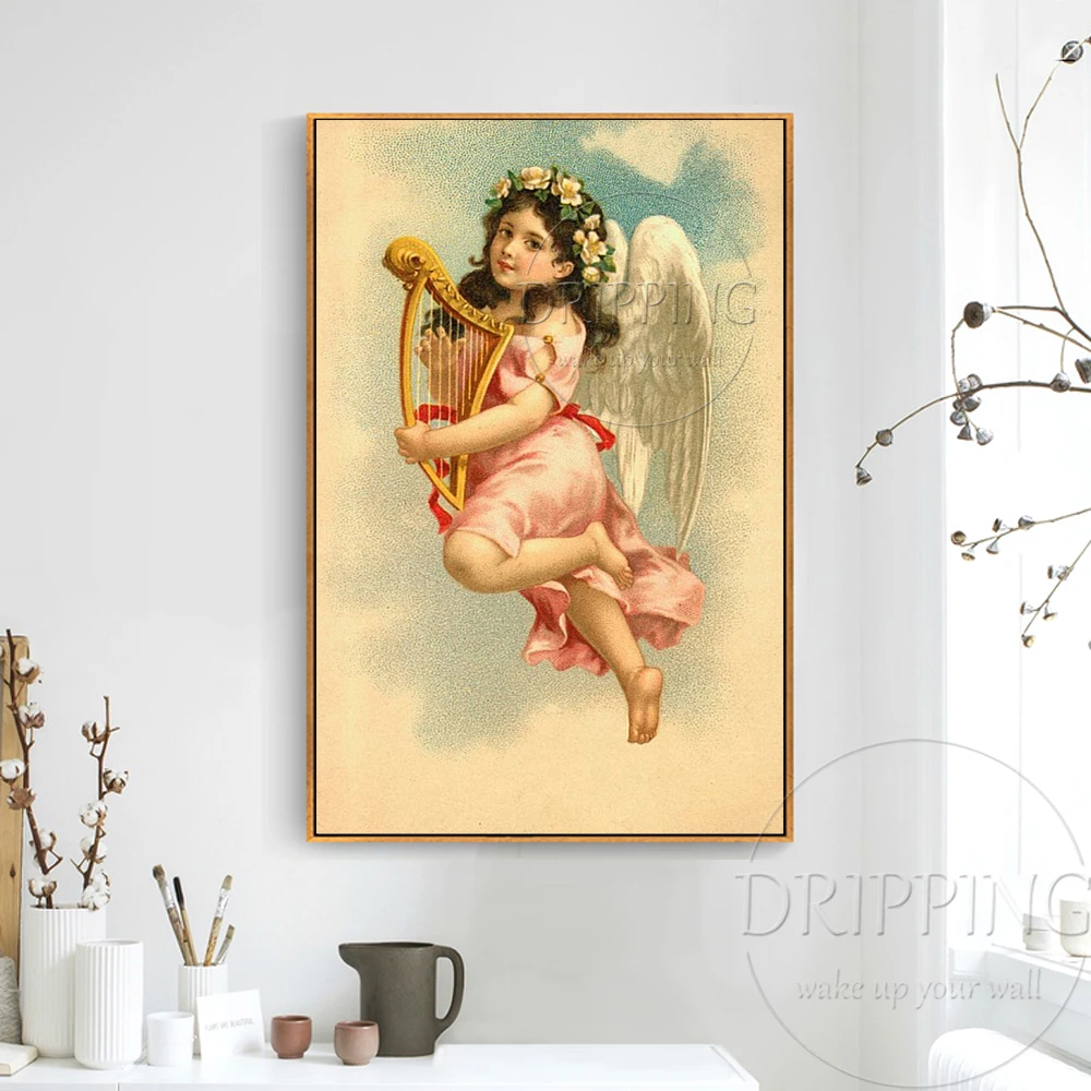 Luxury Artwork Hand-painted High Quality Vintage Religious Angel Oil Painting on Canvas Wall for Living Room |