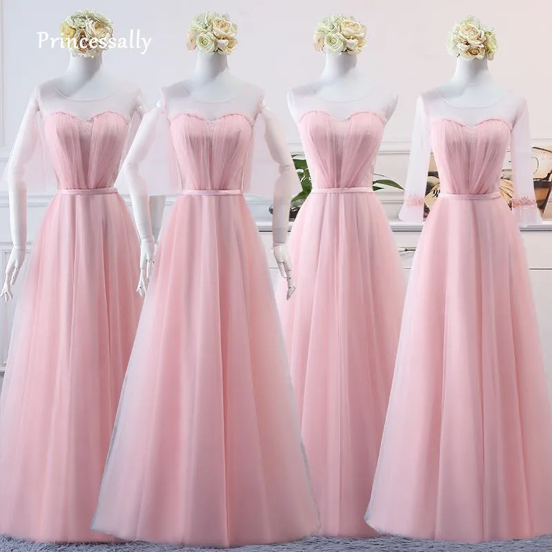 Женское платье подружки невесты розовое элегантное до пола с рукавом бабочкой