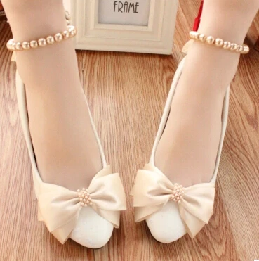 White wedding shoes woman champagne bowtie butterfly-knot bowtie wedding shoes for woman low high heel plus size ankle strap