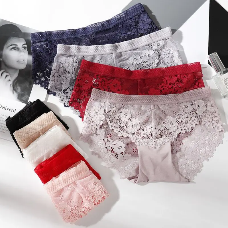 Sexy Lace Panties Low-rise Women Briefs Seamless Underwear Embroidery Ladies Transparent Mesh Thin Girls Erotic Panty | Женская одежда