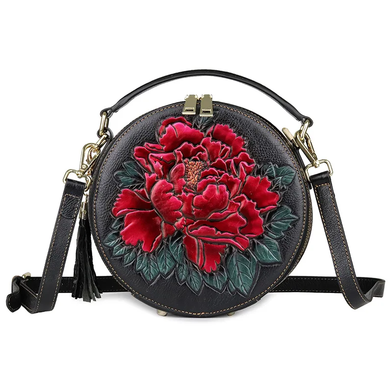 small women bag genuine leather shoulder bags embossed floral ladies leather handbag circular real leather crossbody bag