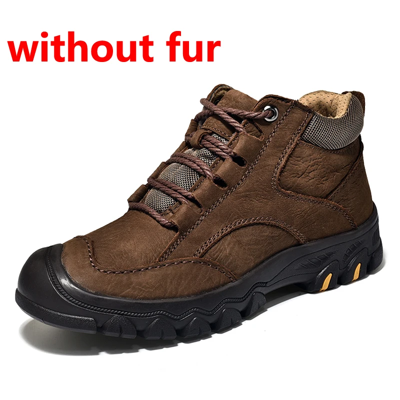 brown without fur JINTOHO/высококачественные зимние мужские ботинки; мужские ботинки из натуральной кожи; повседневная мужская зимняя обувь из натуральной кожи; мужские ботильоны - Цвет: brown without fur