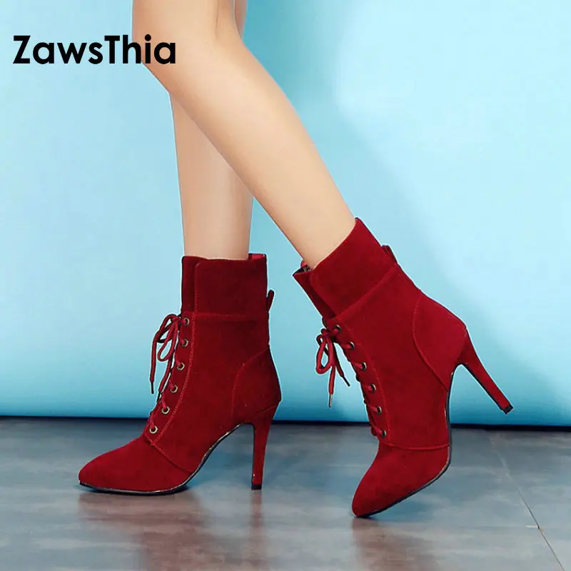 

ZawsThia plus size 34-43 winter fall thin high heels pumps shoes for woman rome style lace up ankle boots for women riding boots