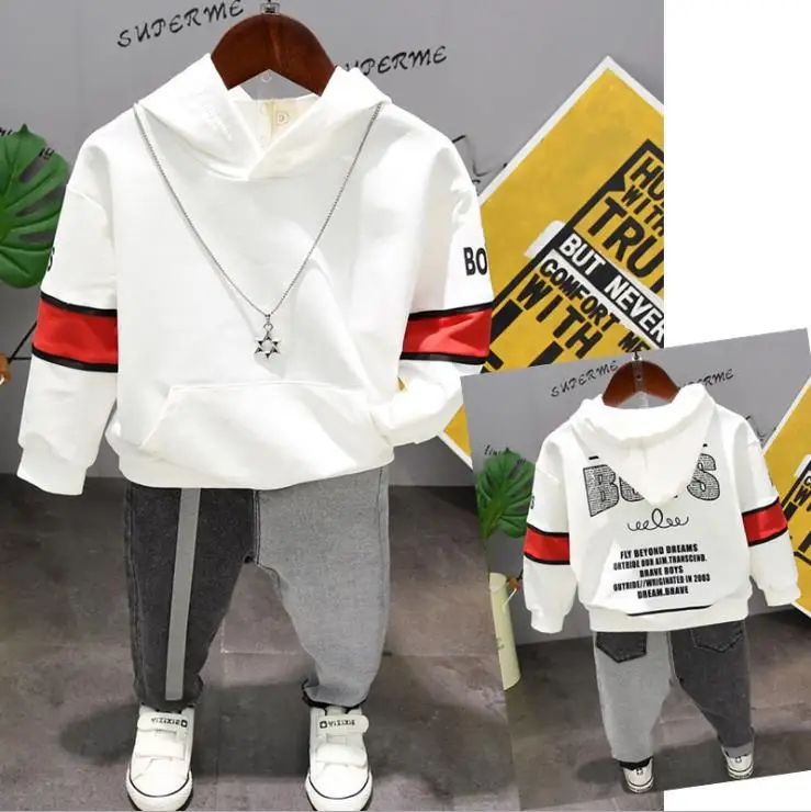

spring new wild boy suit children's letter hooded sweater + color matching jeans two-piece baby leisure suit 2-6 years