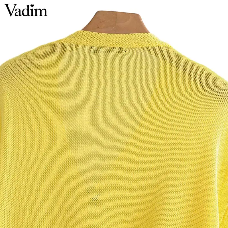 Vadim women yellow oversized knitted cardigans pockets see through long sleeve buttons sweaters ladies basic loose tops HA039 |