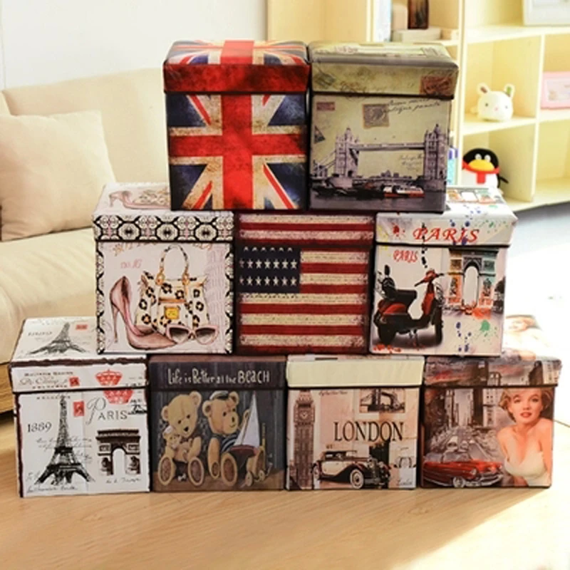 

Storagestool square flag Folding stool multifunctional storage stool British film non-woven storage box home decore decoration