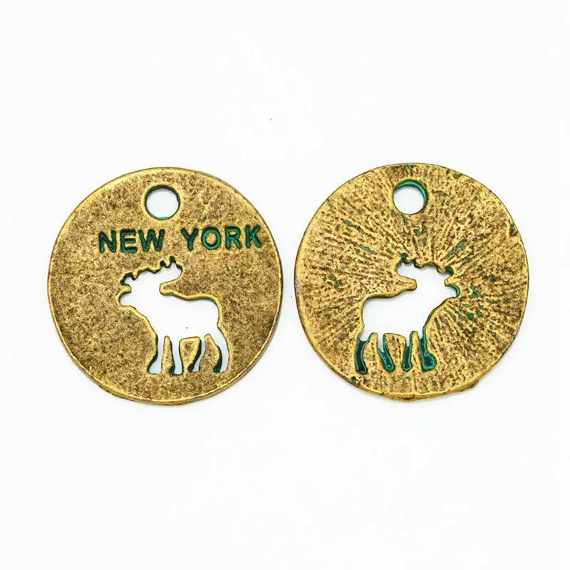 24mm Elk Carved 20pcs Alloy Round Patine Charms Pendants, Antique Bronze Jewelry Component -10039761