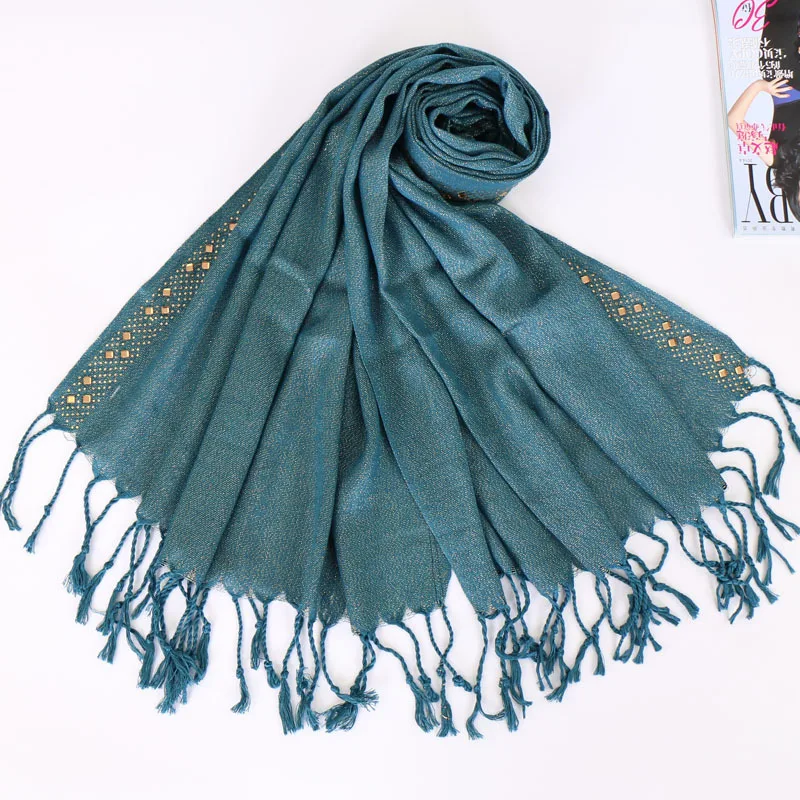 

Gold Glitter Long Shawl Scarf For Women Cotton Lurex Metallic Muslim Hijab Headscarf Exquisite Rhinestone Islamic Voile 10pcs
