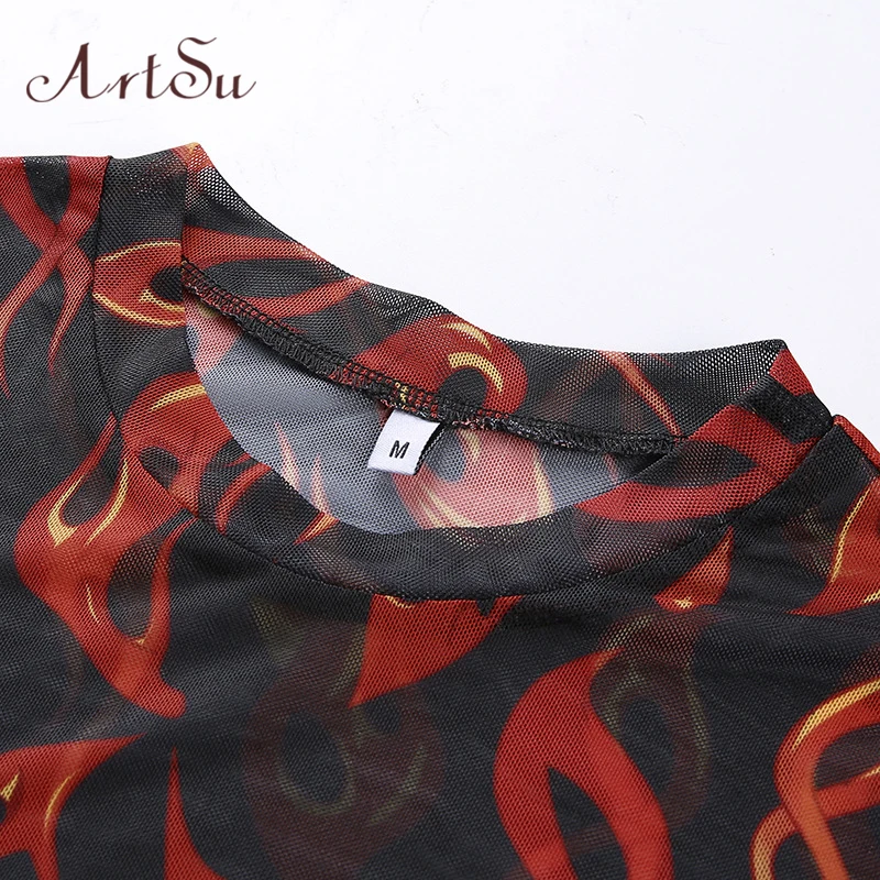 Футболка женская с принтом пламени прозрачная коротким рукавом|Футболки| |