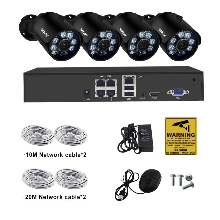 SAR H.265 4CH POE NVR комплект 1080P система безопасности камера с 2MP IP видеонаблюдения