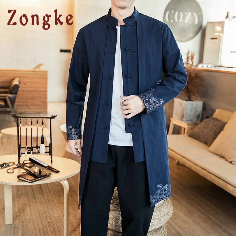 Zongke китайский национальный стиль Длинная ветровка мужская уличная Длинная Куртка мужская хип-хоп ветровка мужские куртки пальто
