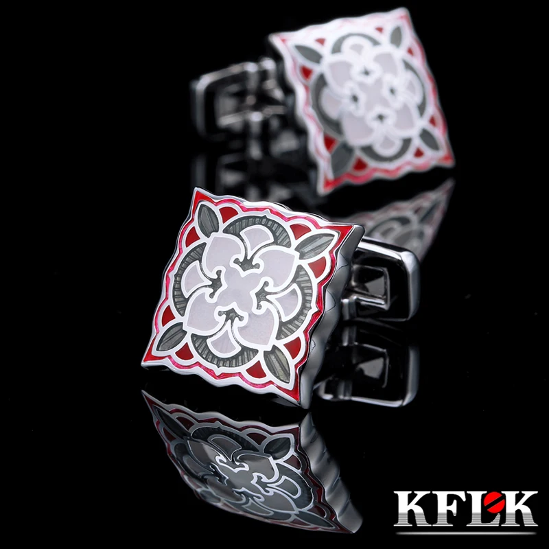 

KFLK Jewelry shirt cufflink for mens Brand Red enamel Cuff link Wholesale Luxury Wedding Buttons High Quality guests