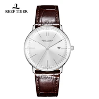 2020 reef tigerrt luxury brand ultra thin watch men steel automatic watches waterproof brown leather strap clock rga8215