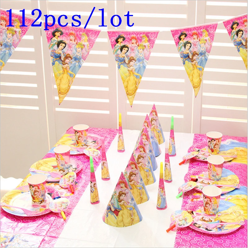 Disney Six Princess Theme Design Aurora 112 шт./лот Милая бумажная посуда розовые соломинки на день